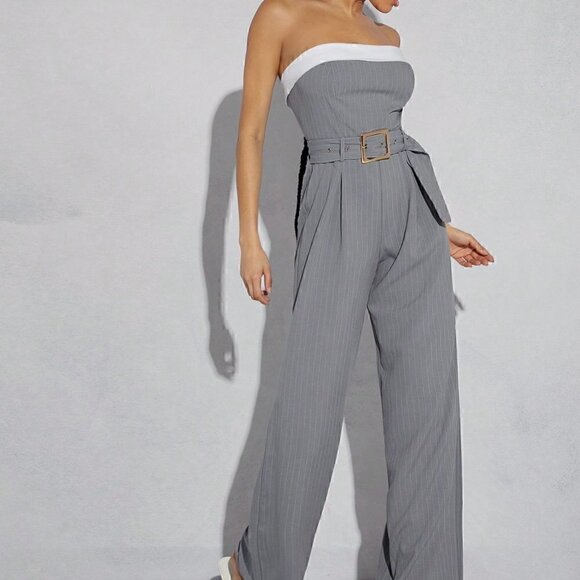 Grey Preppy Womens Pinstriped Tube Belted Jumpsuit - Picture 1 of 5